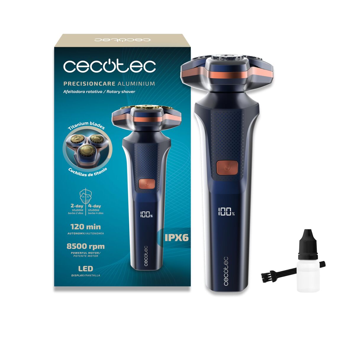 Cecotec Máquina de Barbear PrecisionCare Aluminium LED, titânio, 2 velocidades, 2h bateria