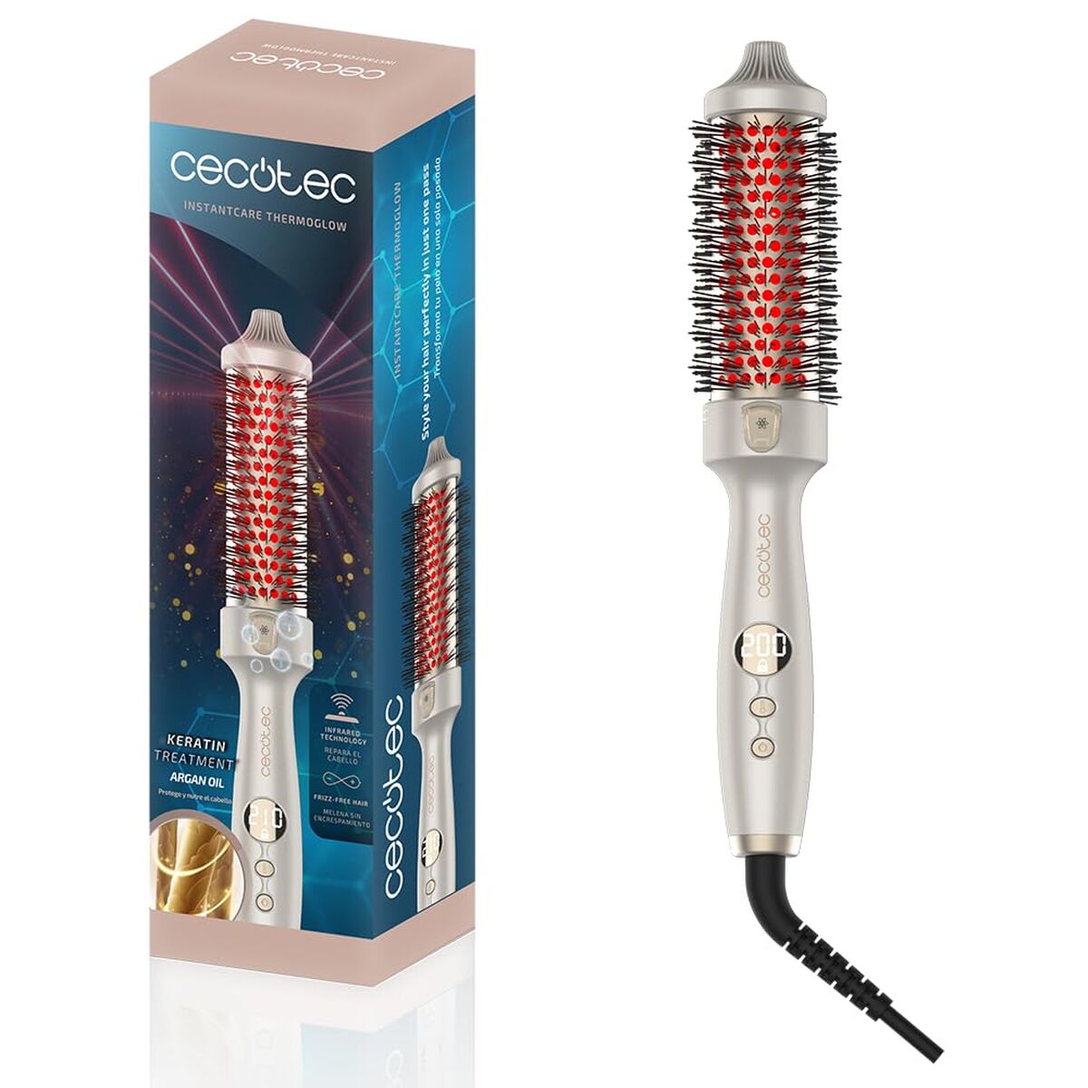 Cecotec Escova Alisadora InstantCare ThermoGlow, 5 Temp, Infravermelho, Iónica, 38mm, Ecrã