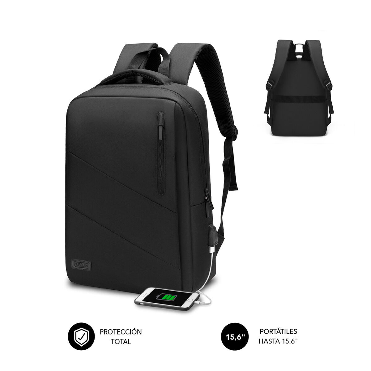 Mochila com Power Bank e Compartimento para Tablet e Portátil Subblim Oxford Preto