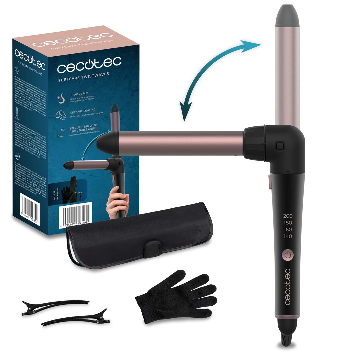 Cecotec Modelador de Cabelo 3200 TwistWaves 60W 32mm Preto 200 °C Acessórios