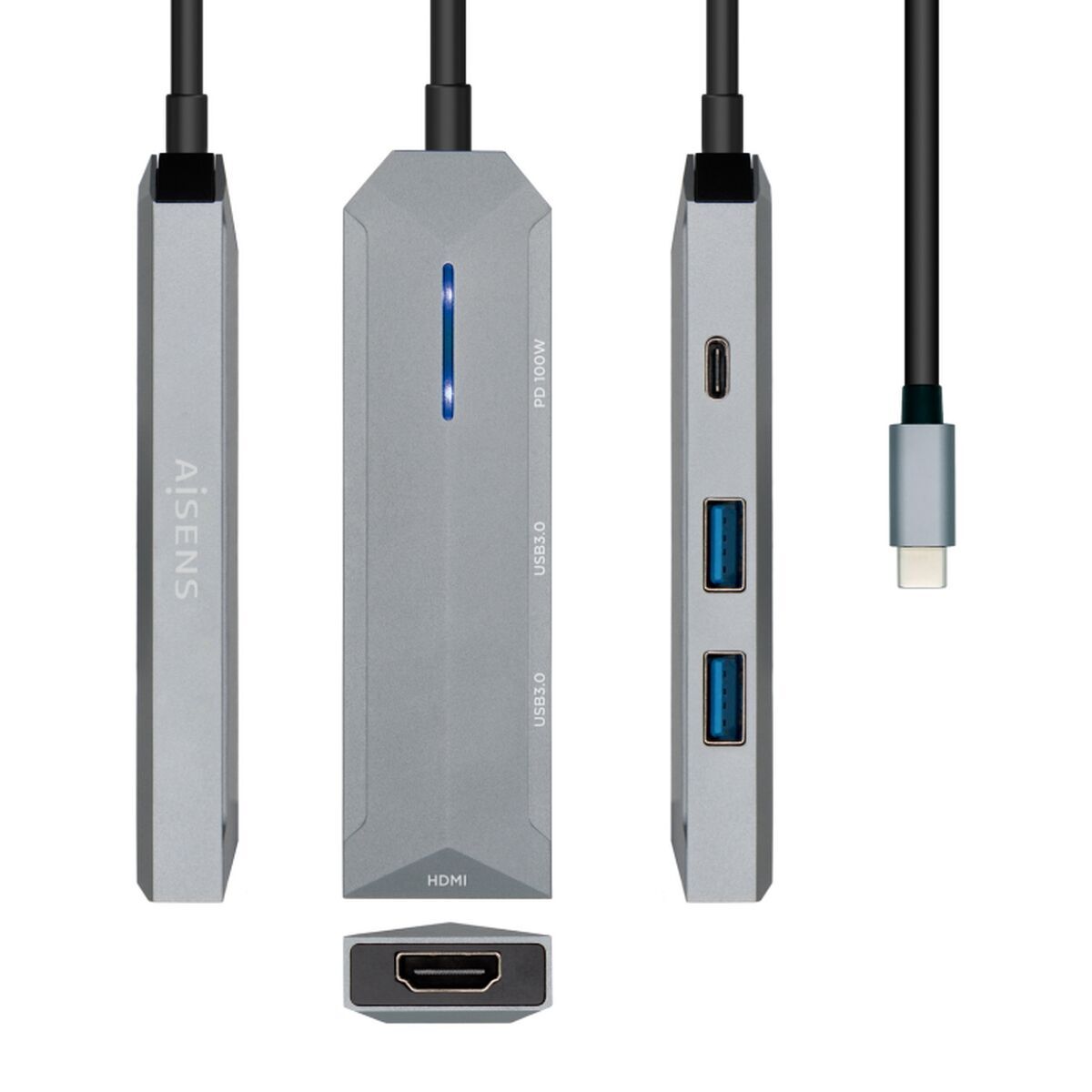 Hub USB-C Aisens ASUC-4P002-GR Cinzento 100 W
