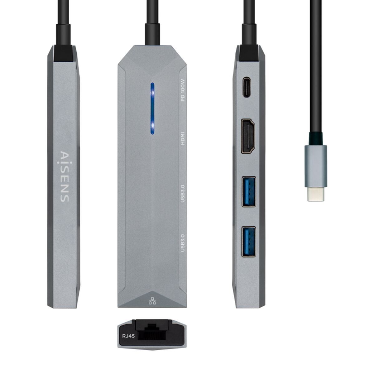 Hub USB-C Aisens ASUC-5P003-GR Preto Cinzento 100 W