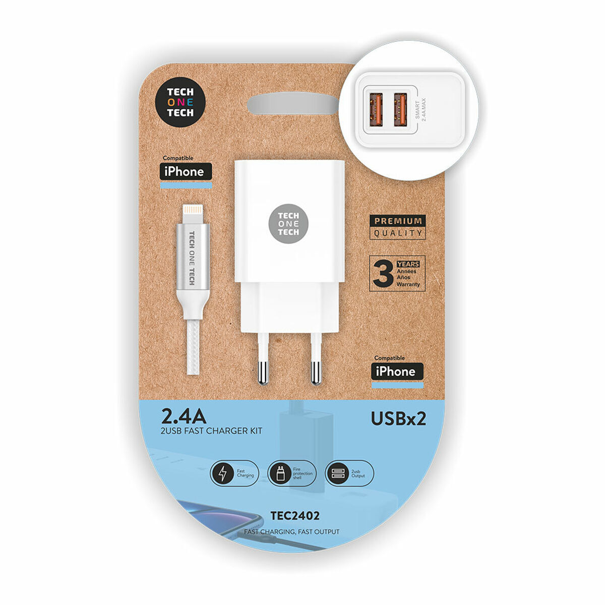 Carregador de Parede +Cabo Lightning MFI Tech One Tech TEC2402 Branco Duplo Lightning