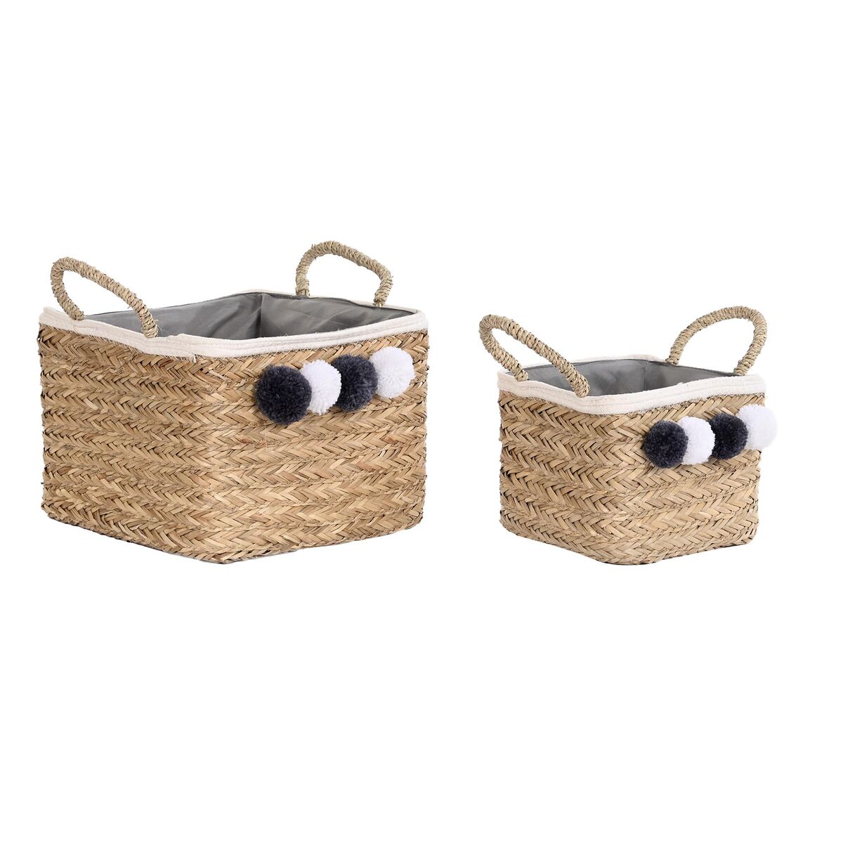 Conjunto de Cestas DKD Home Decor Fibra natural Pompons 33 x 33 x 25 cm