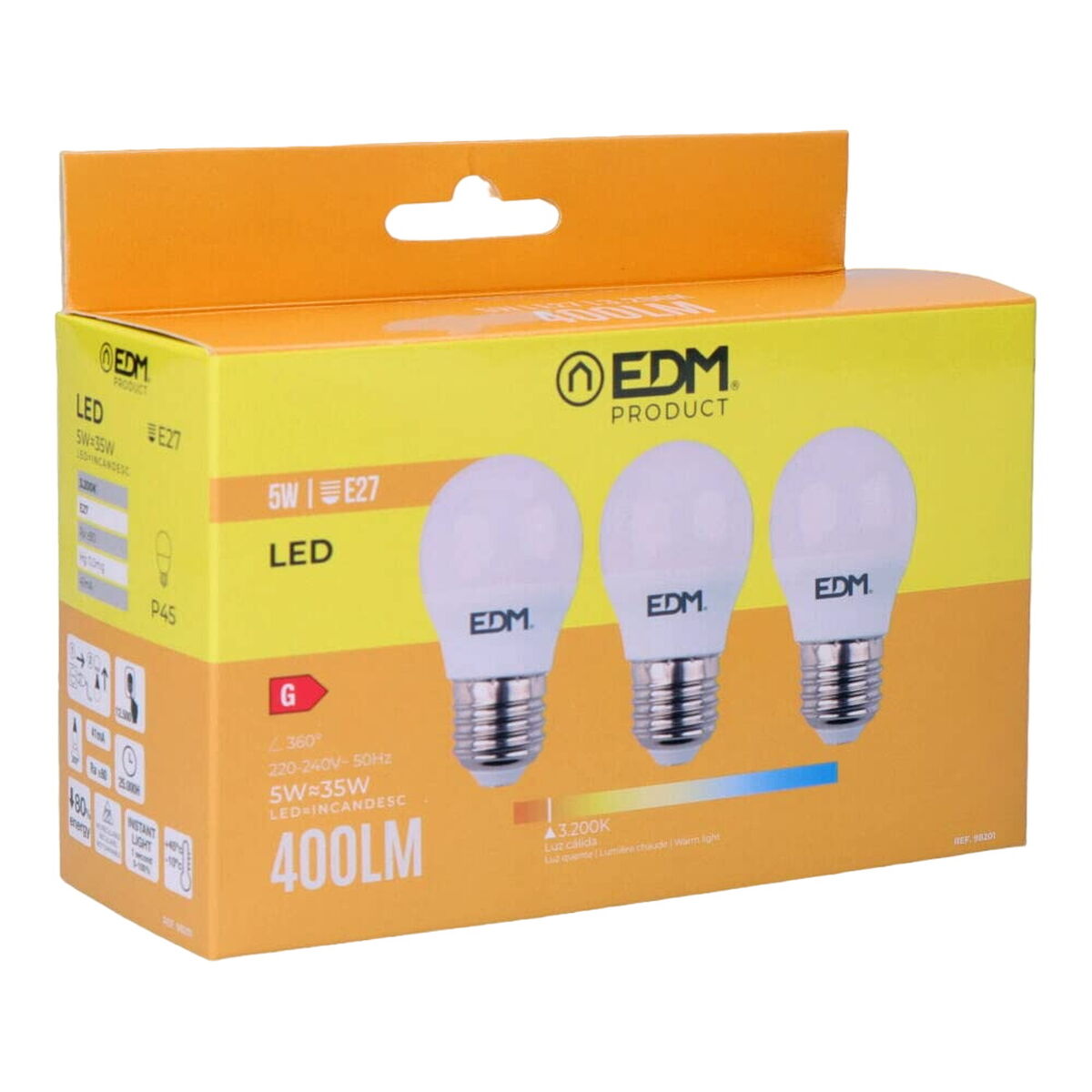 Pack de 3 lâmpadas LED EDM 98201 G 35 W 5 W 50 W E27 3200 Lm Ø 4,5 x 8 cm (3200 K)