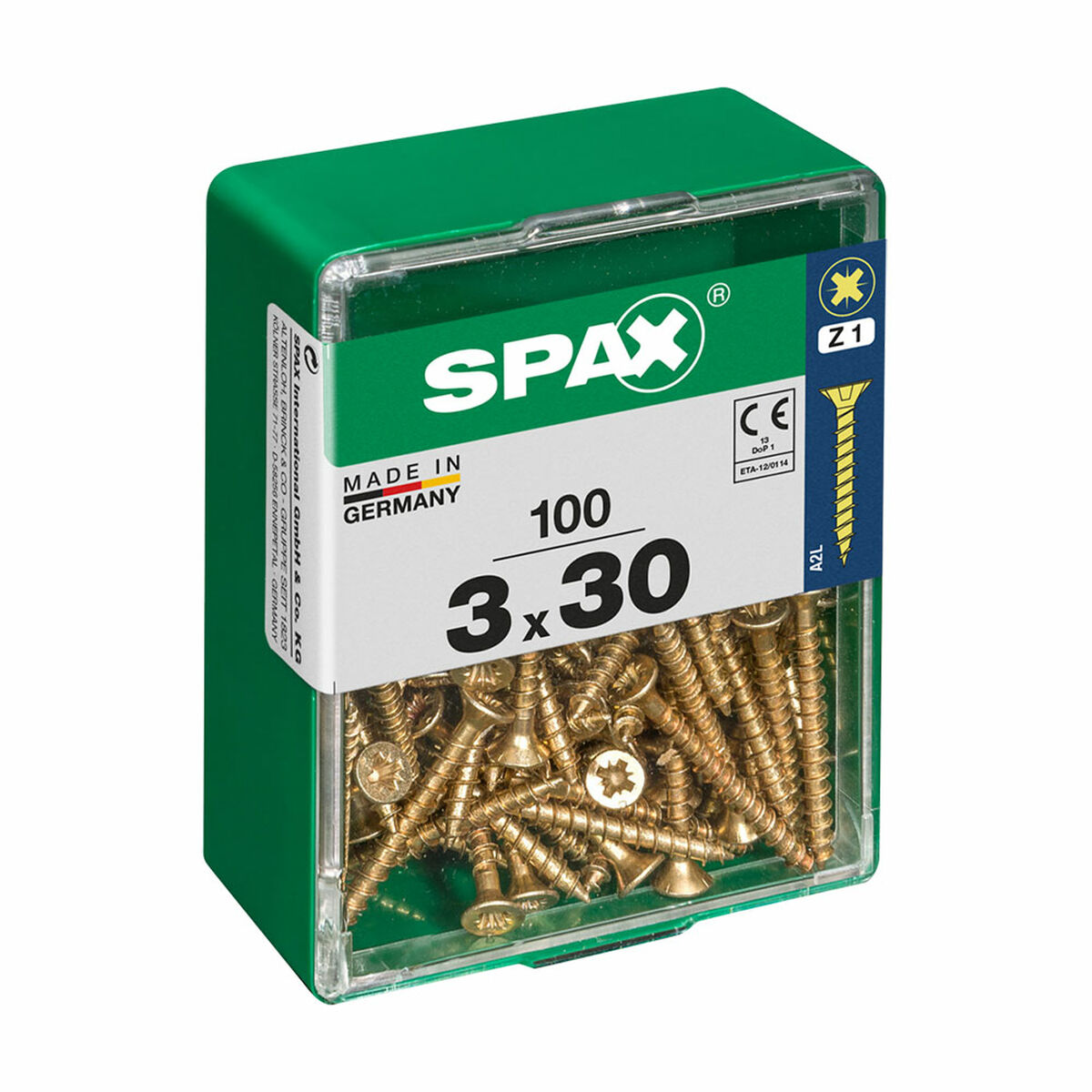 Caixa de parafusos SPAX Parafuso de madeira Cabeça plana (3,0 x 30 mm)