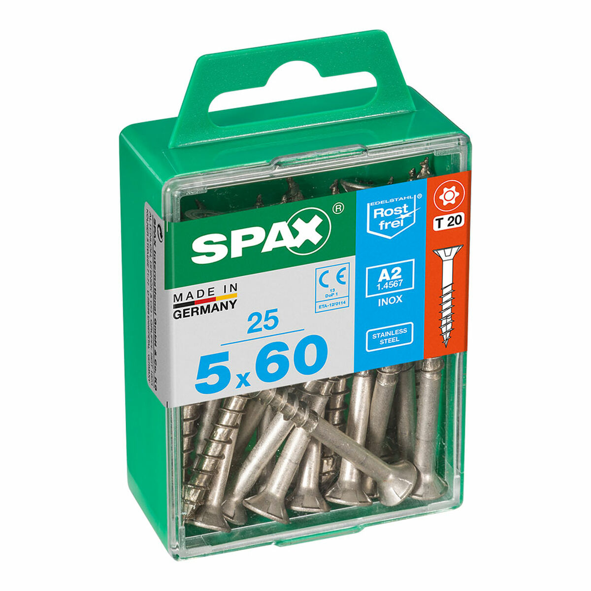 Caixa de parafusos SPAX 4197000500602 Parafuso de madeira Cabeça plana (5 x 60 mm) (5,0 x 60 mm)