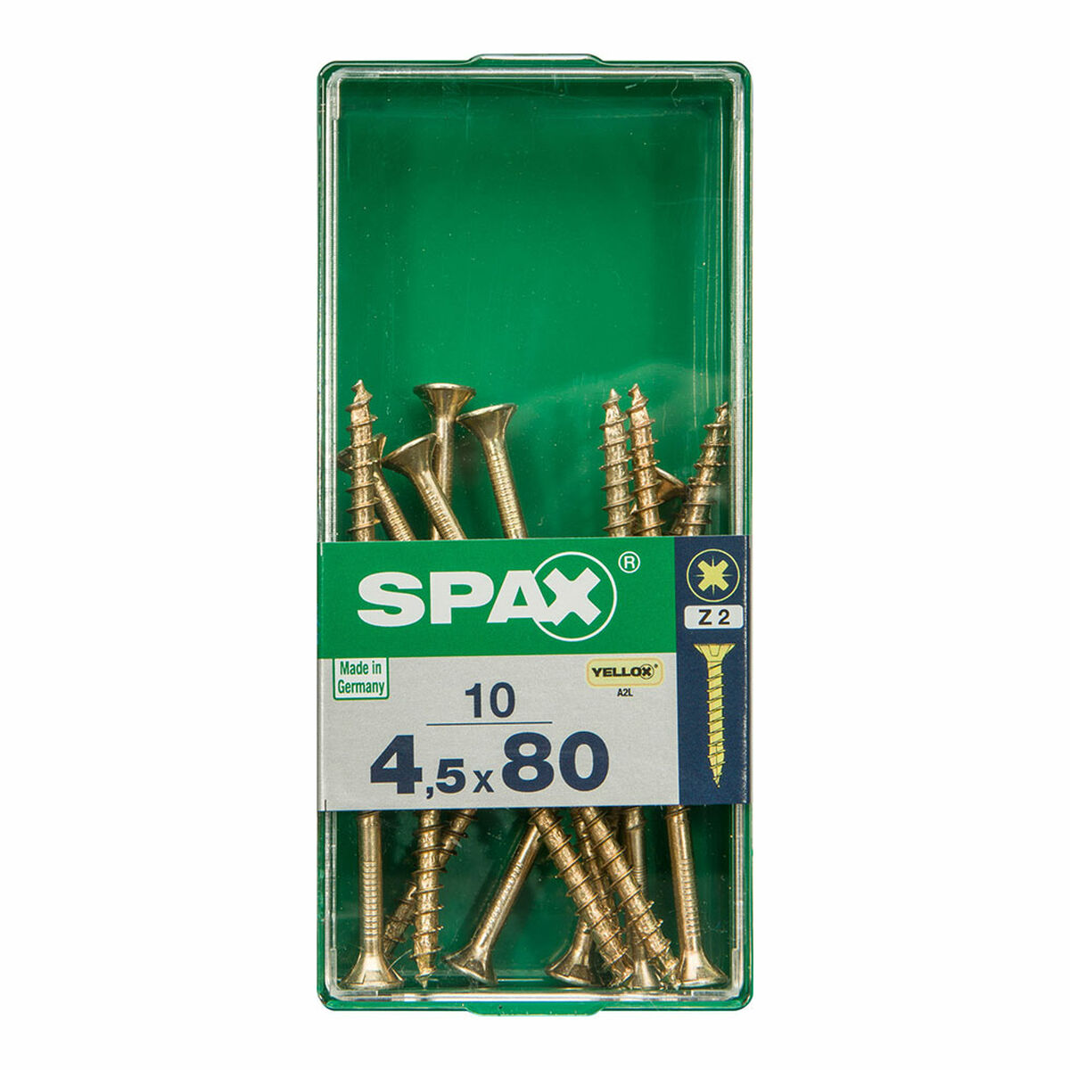 Caixa de parafusos SPAX 4081020450802 Parafuso de madeira Cabeça plana (4,5 x 80 mm)