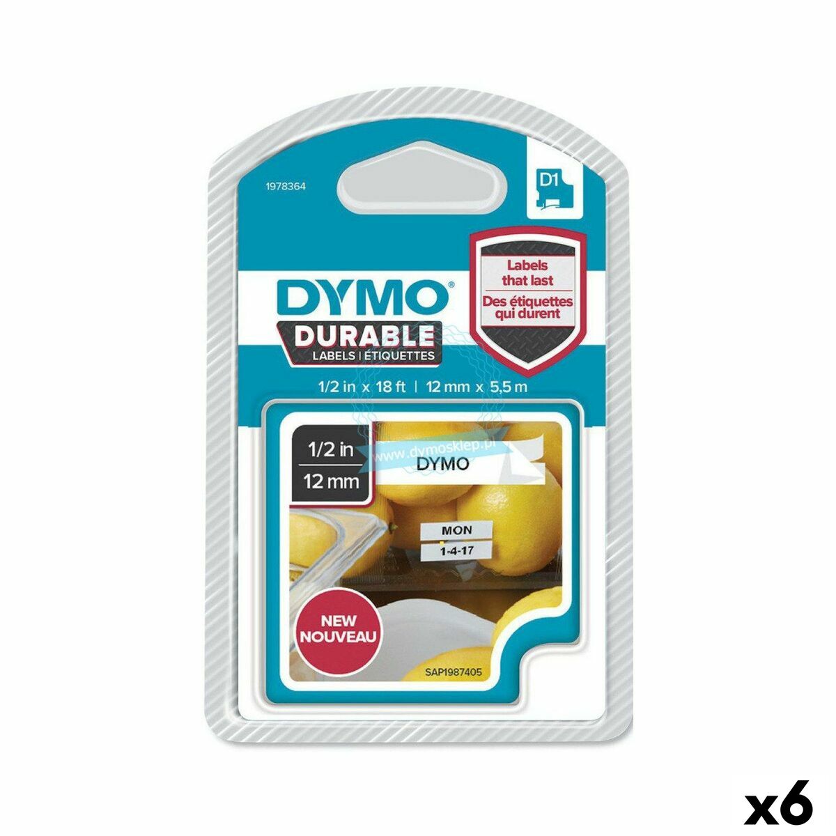 Fita de transferência térmica Dymo Branco Preto 12 x 5,5 mm (6 Unidades)