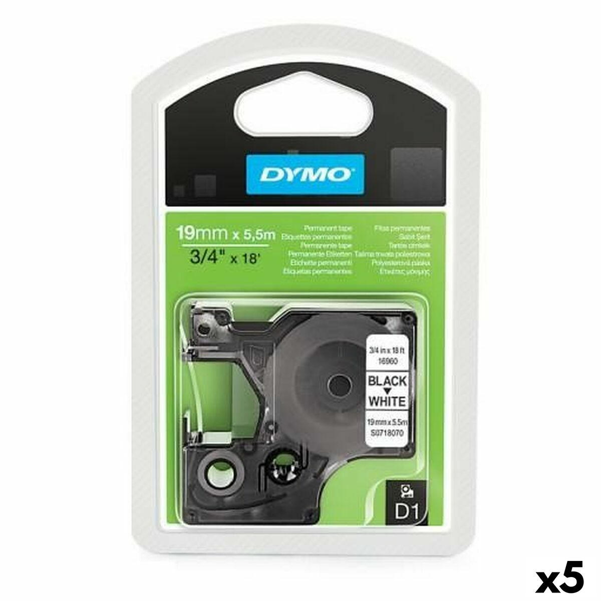 Fita de transferência térmica Dymo D1 16960 Branco Preto 19 mm x 5,5 m (5 Unidades)