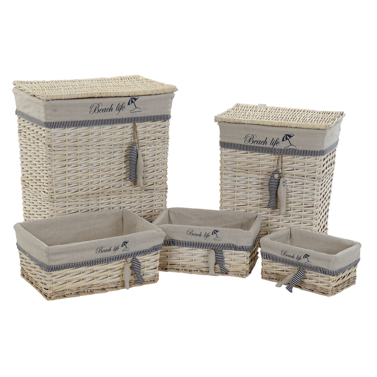 Conjunto de Cestas DKD Home Decor Azul Bege Alumínio Espirais Mediterrâneo 5 Peças