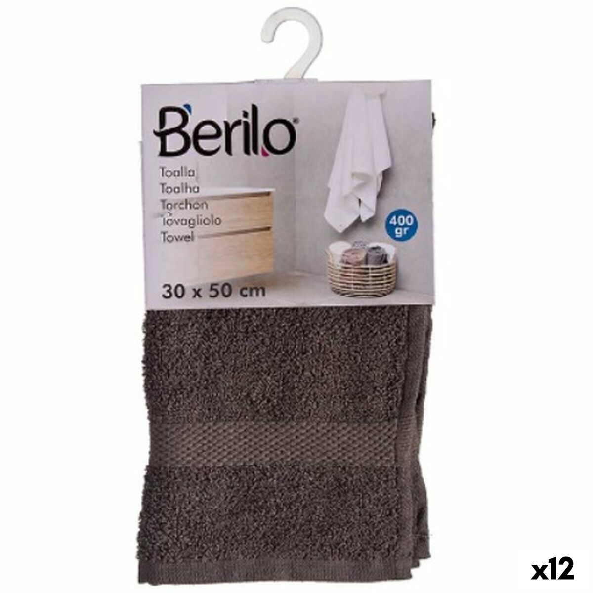 Toalha de banho Berilo Cinzento 80 % algodão 20 % Poliéster 30 x 50 cm 30 x 50 x 0,2 cm 25 x 1,5 x 15 cm (12 Unidades)