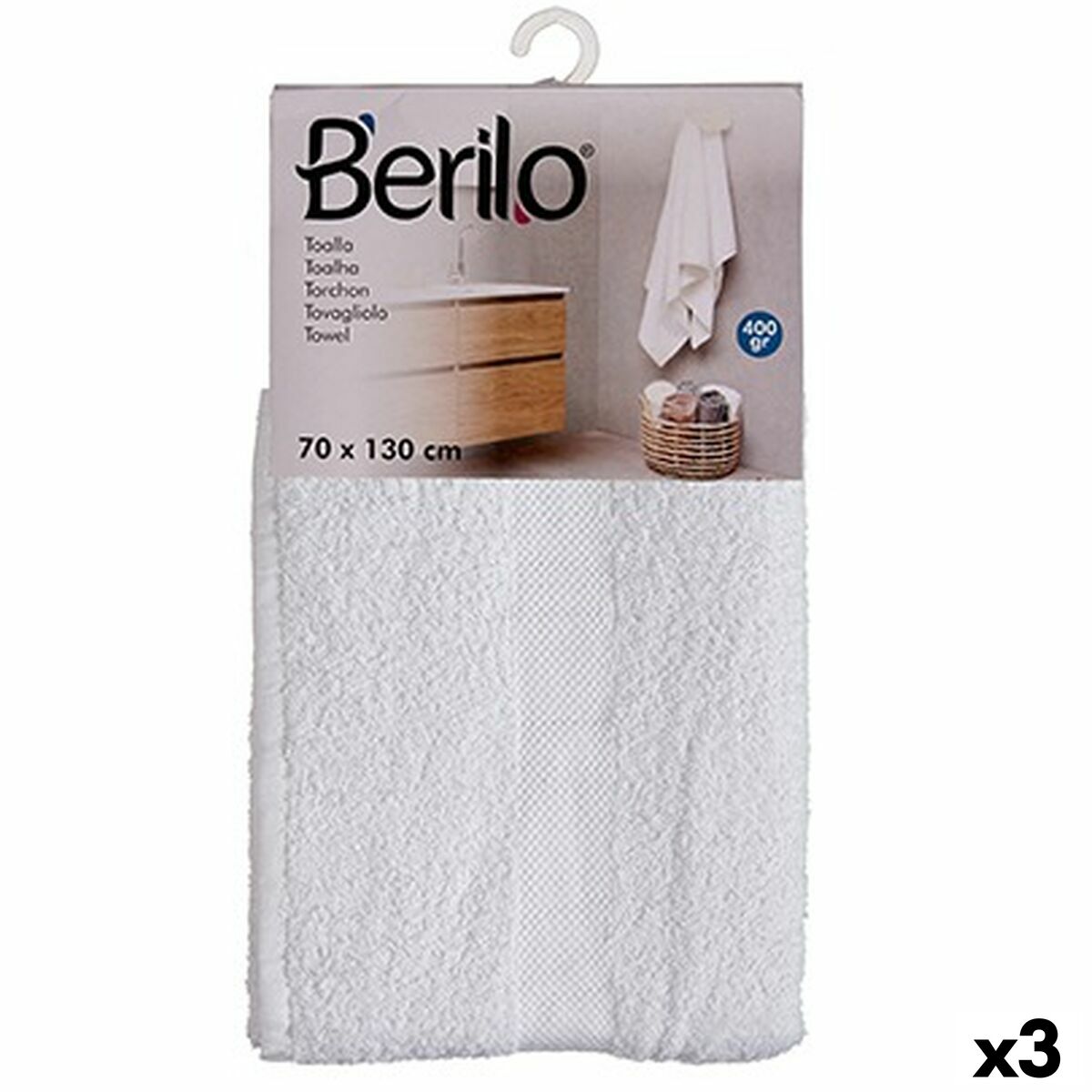 Toalha de banho Berilo Branco 80 % algodão 20 % Poliéster 70 x 130 cm 35 x 4 x 20 cm 70 x 130 x 0,2 cm (3 Unidades)