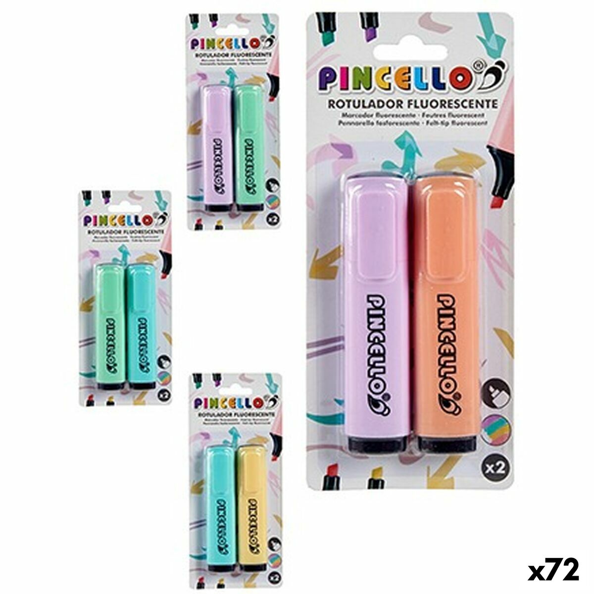 Marcador Fluorescente Pincello Amarelo Verde Laranja Lilás Pastel (72 Unidades)