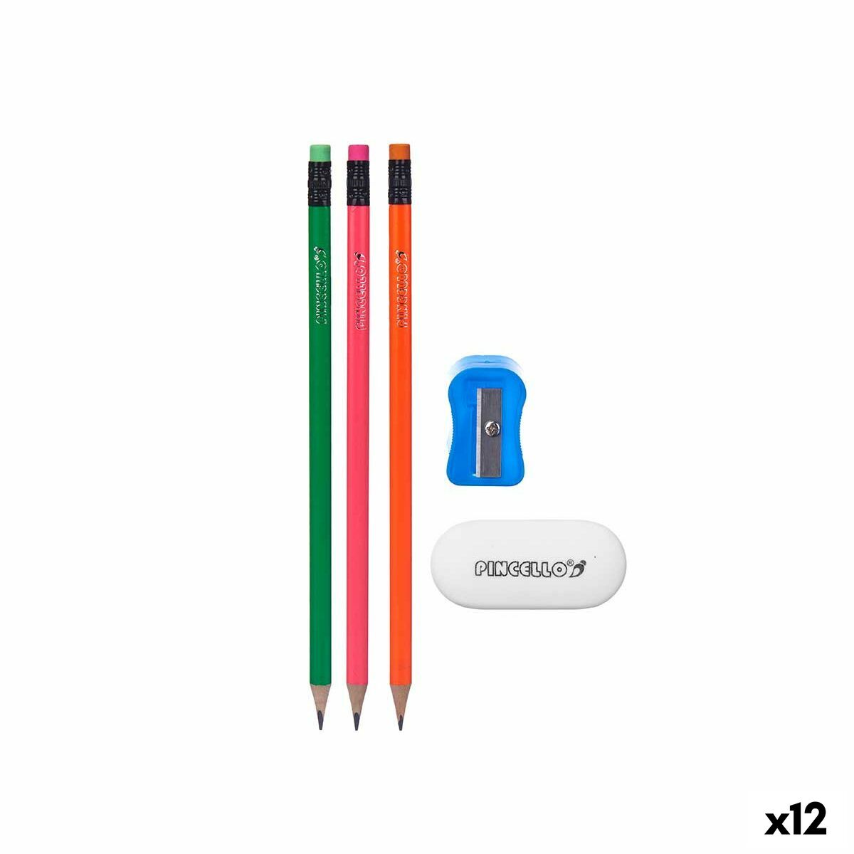 Conjunto de Lápis Pincello Azul Vermelho Verde Laranja Afia-lápis Borracha (12 Unidades)