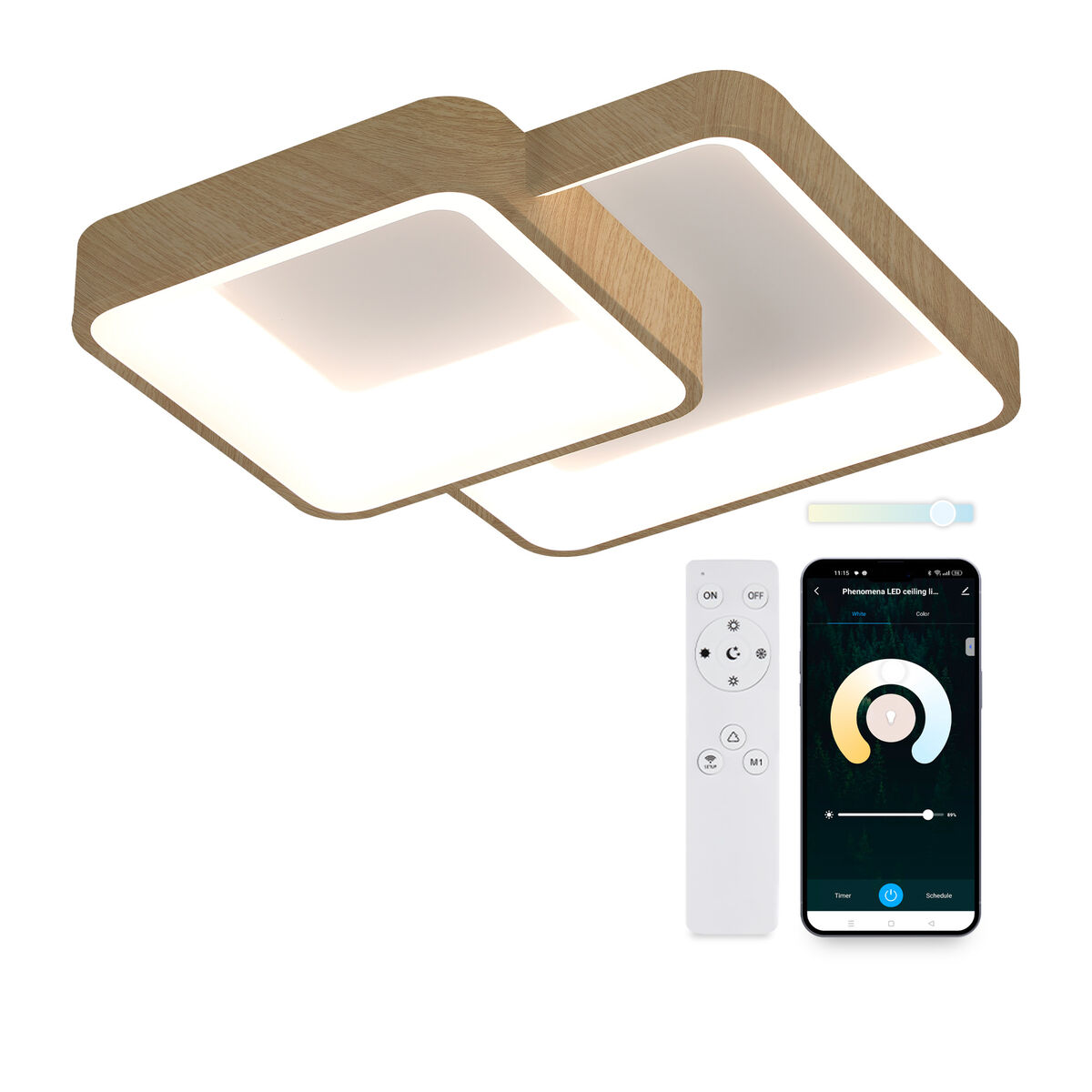 Lâmpada de Teto LED KSIX Phenomena 45 W 45 x 45 x 10 cm Castanho Madeira (3000k - 6000k)