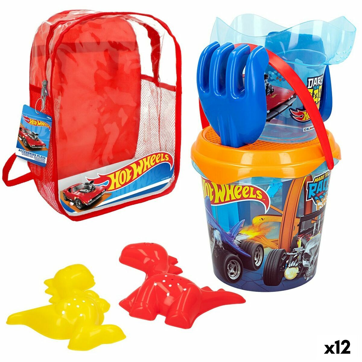 Conjunto de brinquedos de praia Hot Wheels Ø 18 cm Polipropileno (12 Unidades)