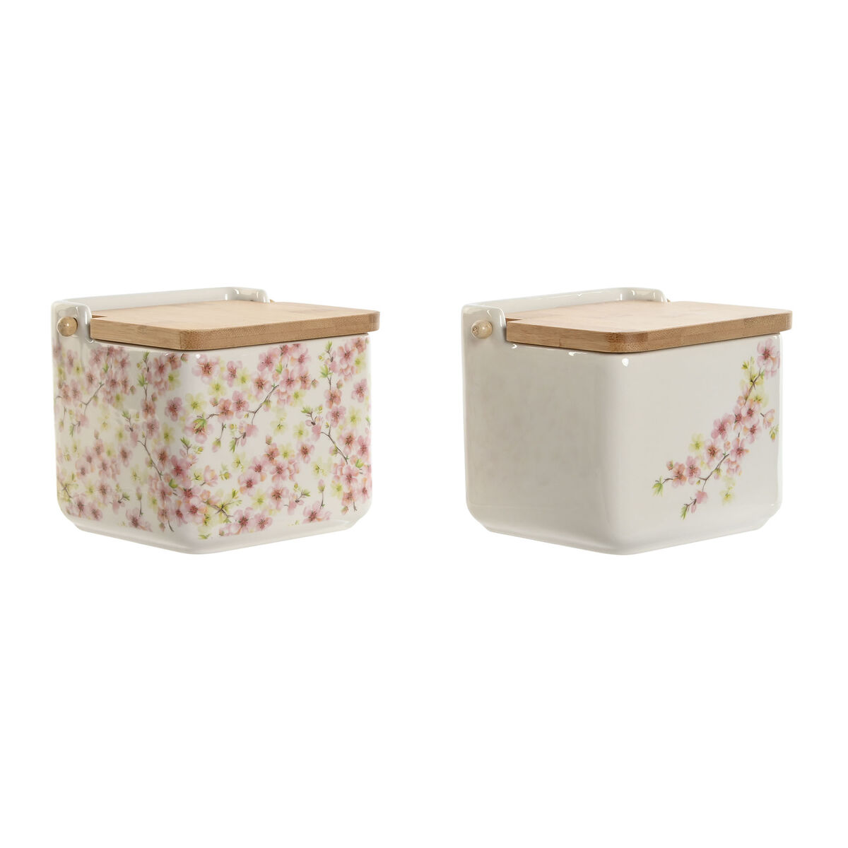 Saleiro com Tampa Home ESPRIT Branco Cor de Rosa Lilás Bambu 750 ml 14 x 12,5 x 12 cm (2 Unidades)