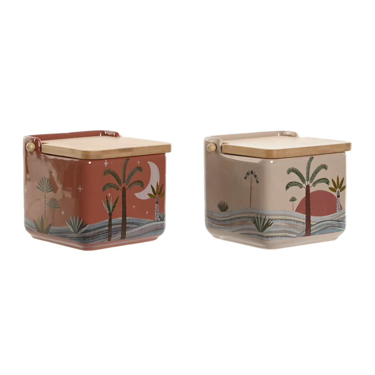Saleiro com Tampa Home ESPRIT Bege Cor de Rosa Terracota Lilás Bambu 750 ml 14 x 12,5 x 12 cm (2 Unidades)