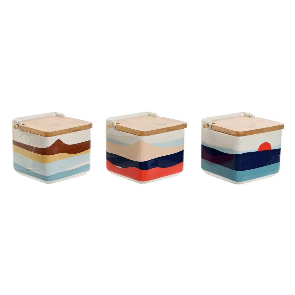 Saleiro com Tampa Home ESPRIT Azul Verde Cor de Rosa Lilás Bambu Tropical 750 ml 14 x 12,5 x 12 cm (3 Unidades)