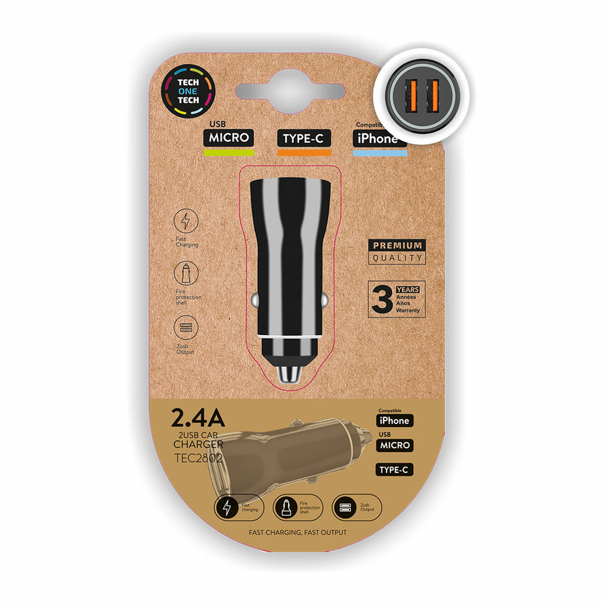 Carregador de Carro Tech One Tech TEC2802 Duplo USB-C Micro USB