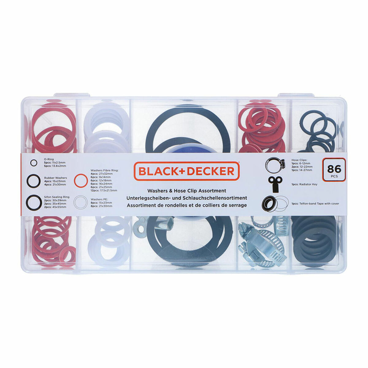 Conjunto de juntas, arruelas e abraçadeiras Black & Decker 86 Peças