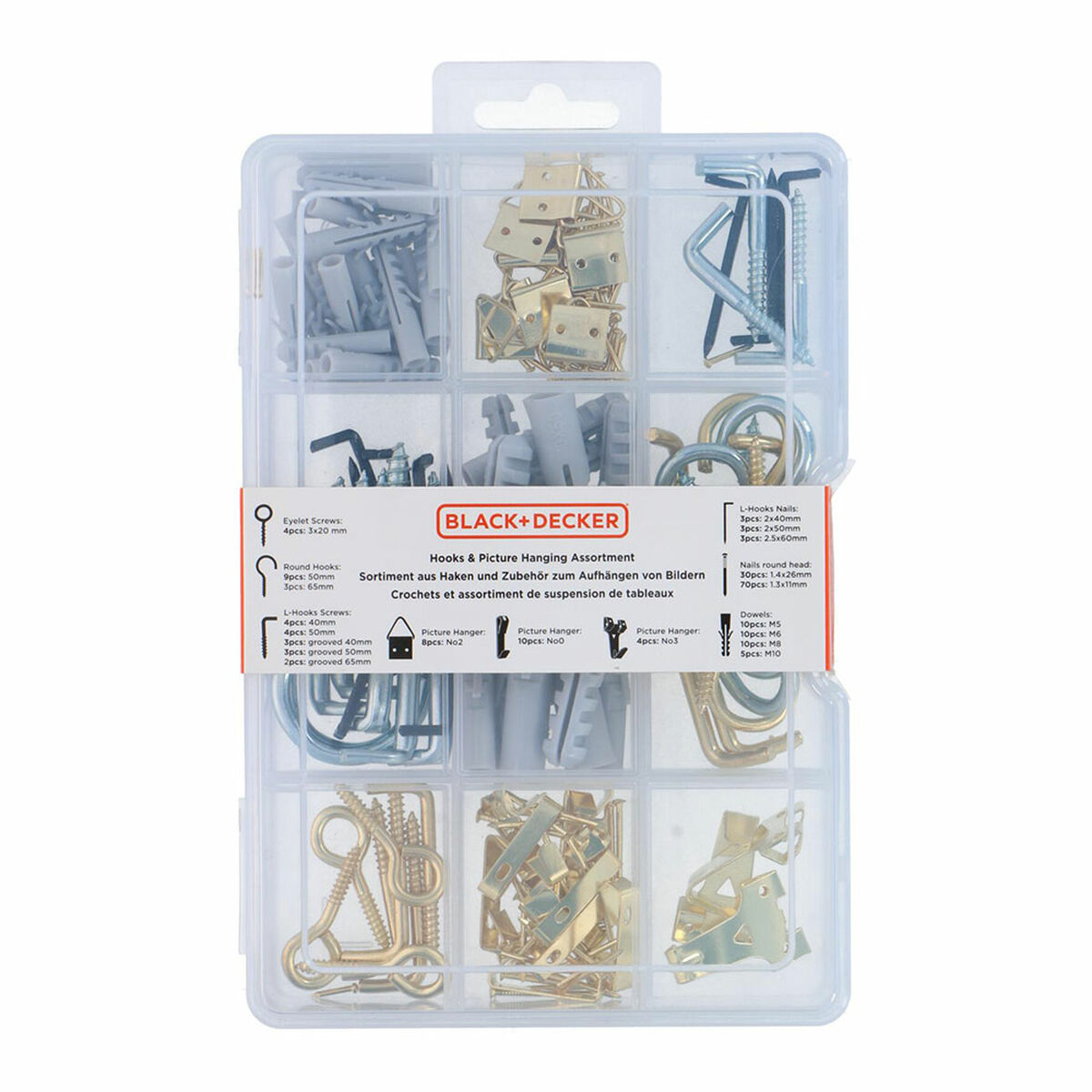 Conjunto de ganchos, parafusos de olho e cabides Black & Decker 198 Peças