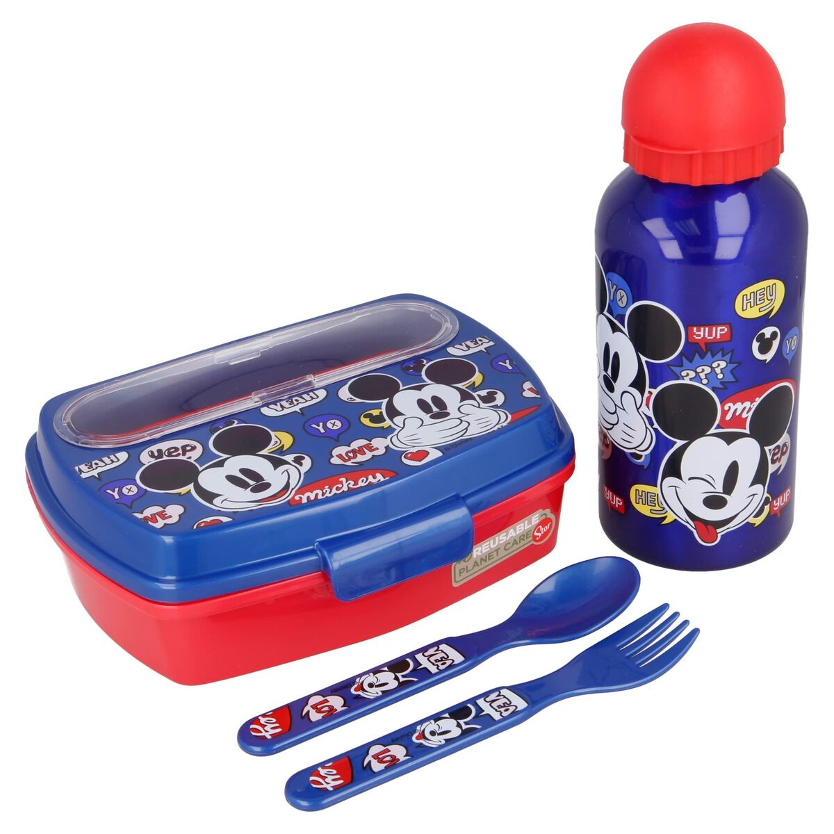 Lancheira com Frasco Mickey Mouse Happy Smiles Azul Vermelho 21 x 18 x 7 cm Metal 400 ml