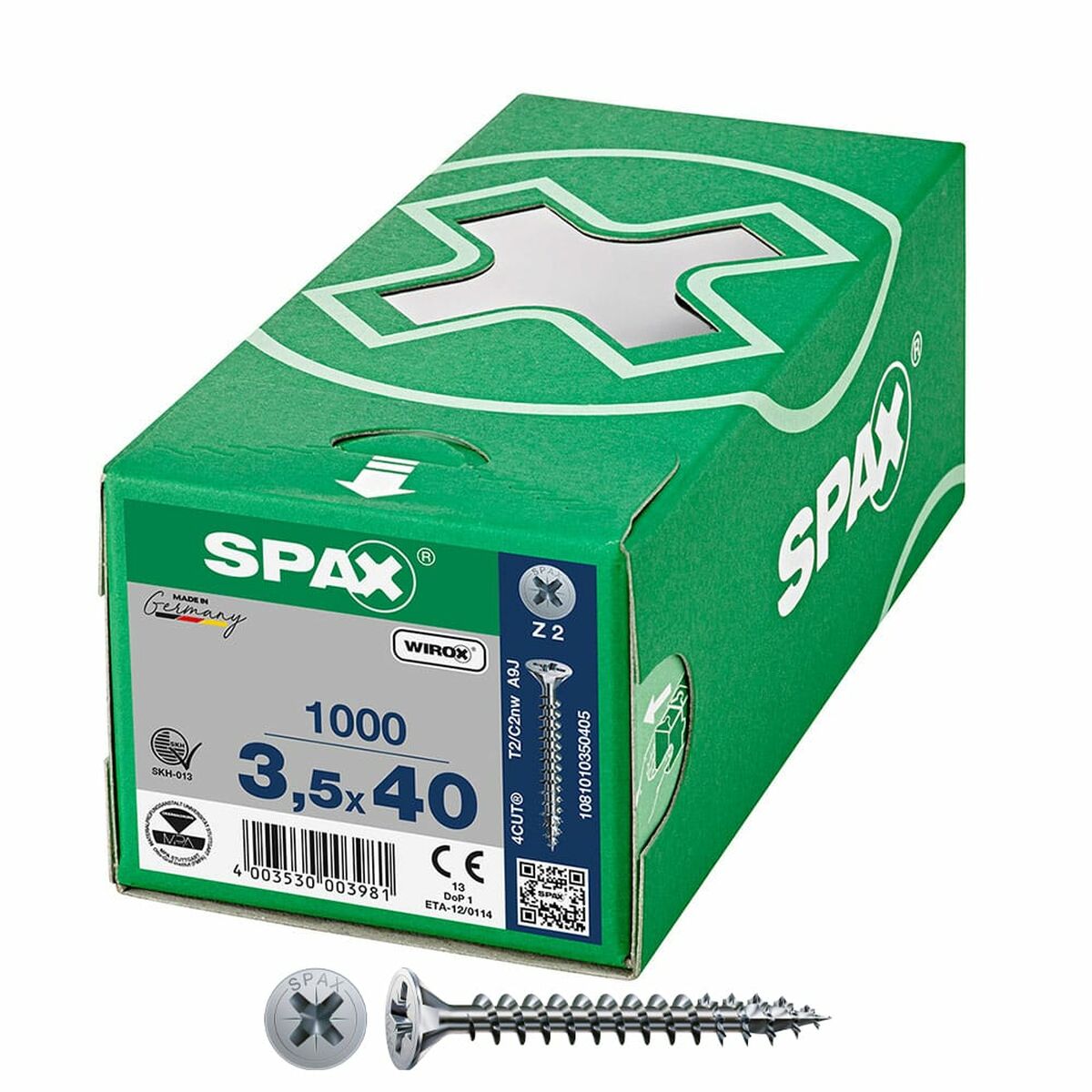 Caixa de parafusos SPAX Wirox Z2 Cabeça plana 3,5 x 40 mm 1000 Unidades