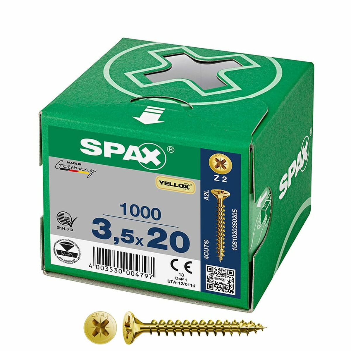 Caixa de parafusos SPAX Yellox Z2 Cabeça plana 3,5 x 20 mm 1000 Unidades