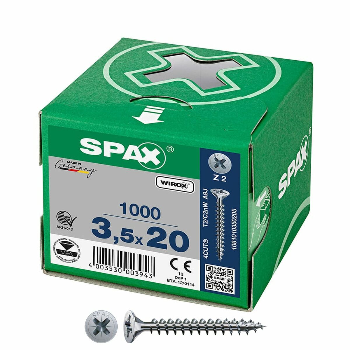 Caixa de parafusos SPAX Wirox Z2 Cabeça plana 3,5 x 20 mm 1000 Unidades