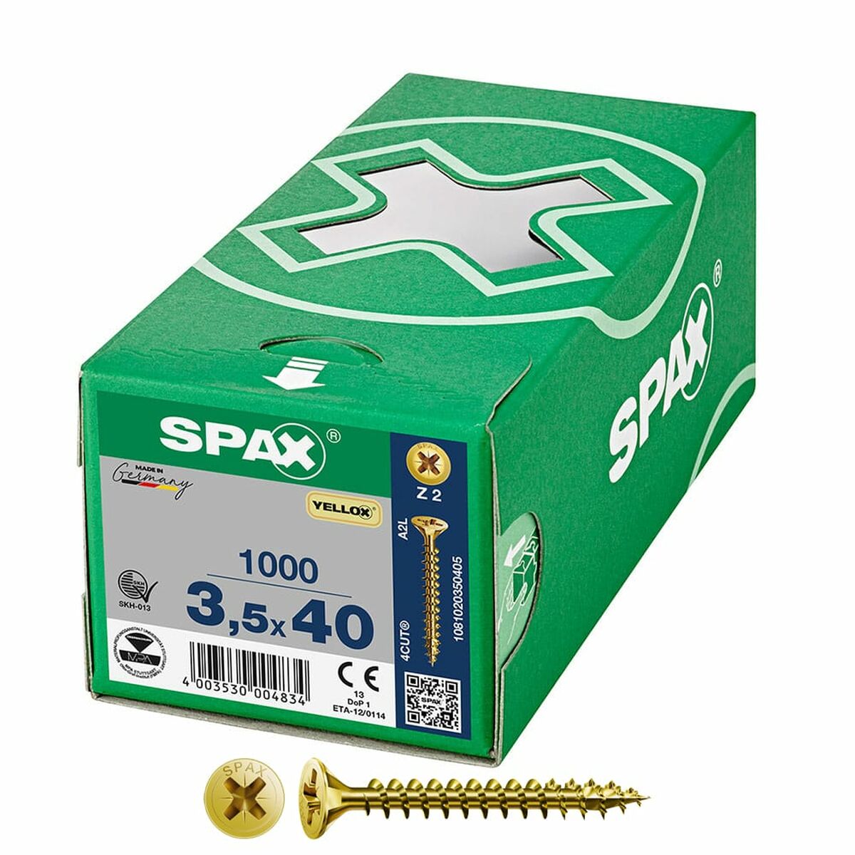 Caixa de parafusos SPAX Yellox Z2 Cabeça plana 3,5 x 40 mm 1000 Unidades