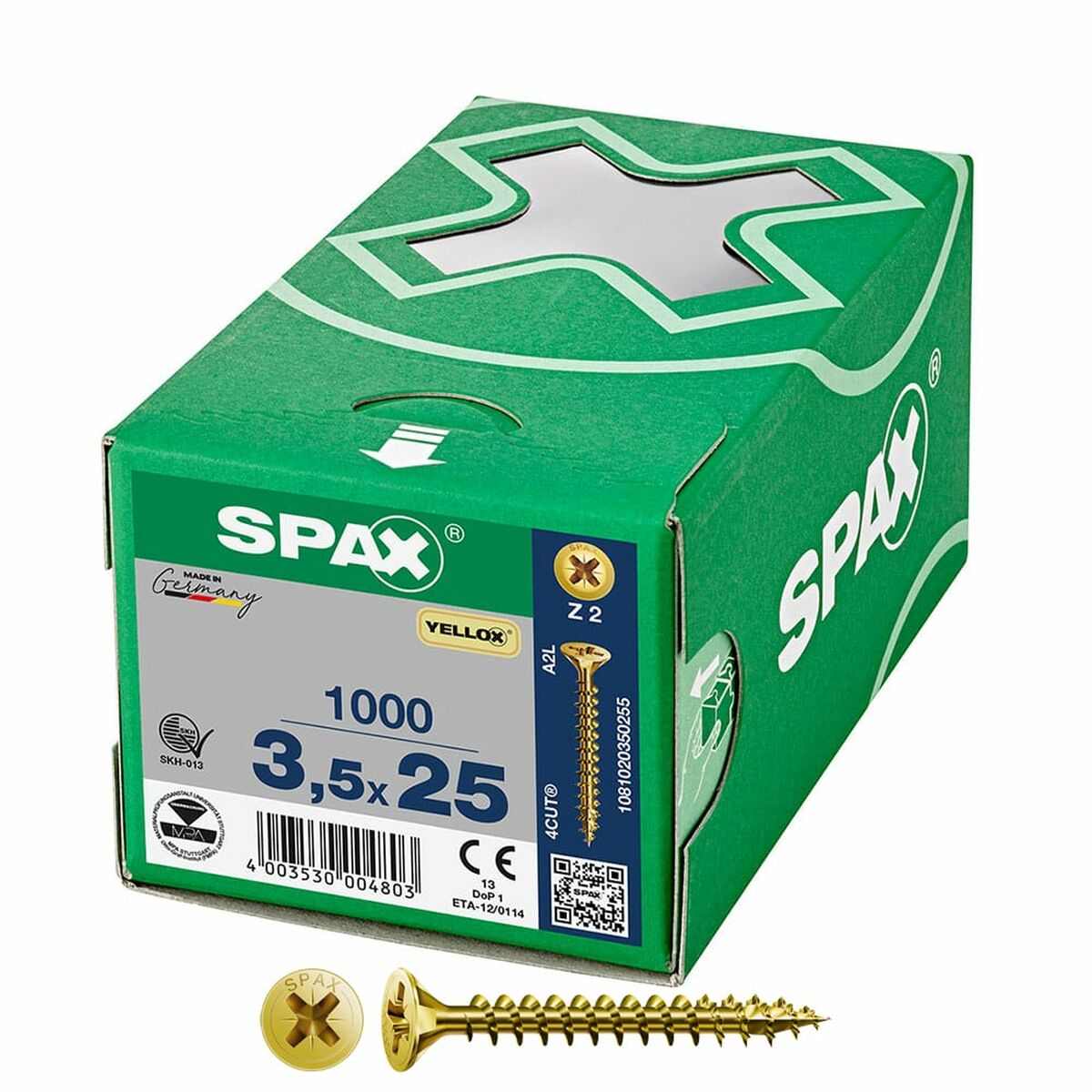 Caixa de parafusos SPAX Yellox Z2 Cabeça plana 3,5 x 25 mm 1000 Unidades