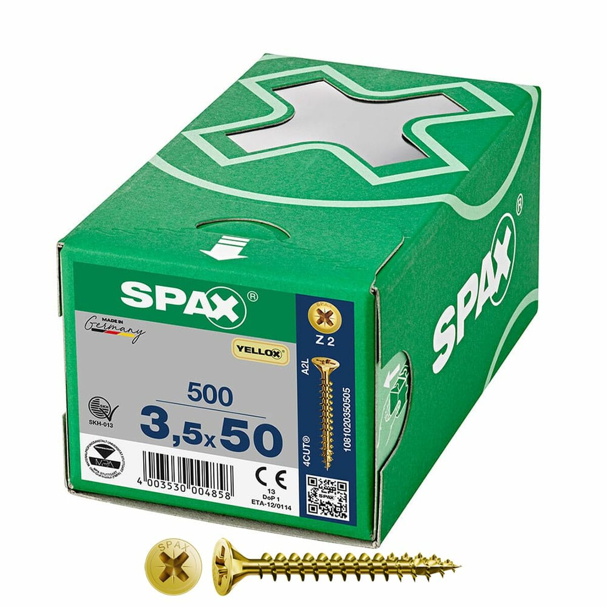 Caixa de parafusos SPAX Yellox Z2 Cabeça plana 3,5 x 50 mm 500 Unidades
