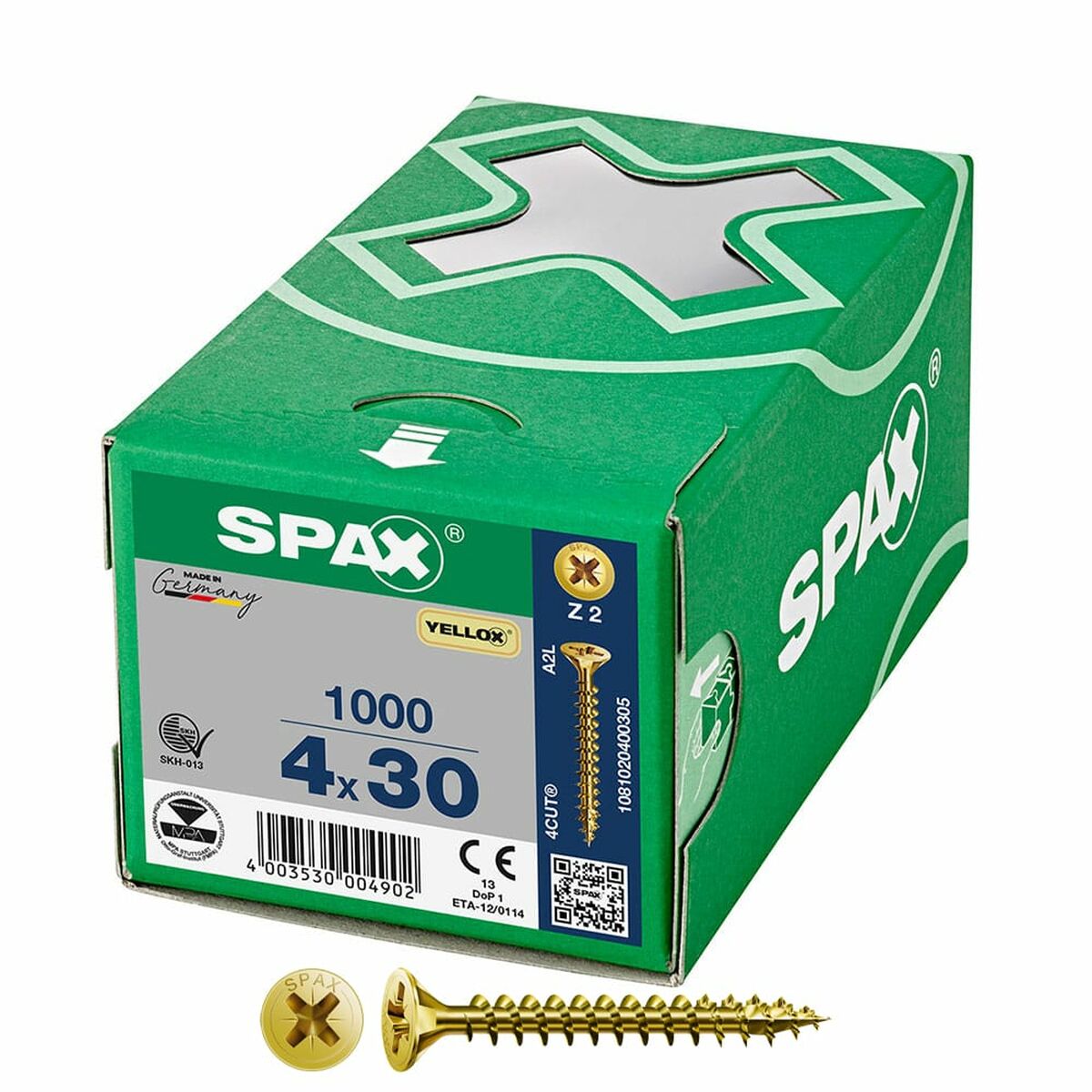 Caixa de parafusos SPAX Yellox Z2 Cabeça plana 4,0 x 30 mm 1000 Unidades